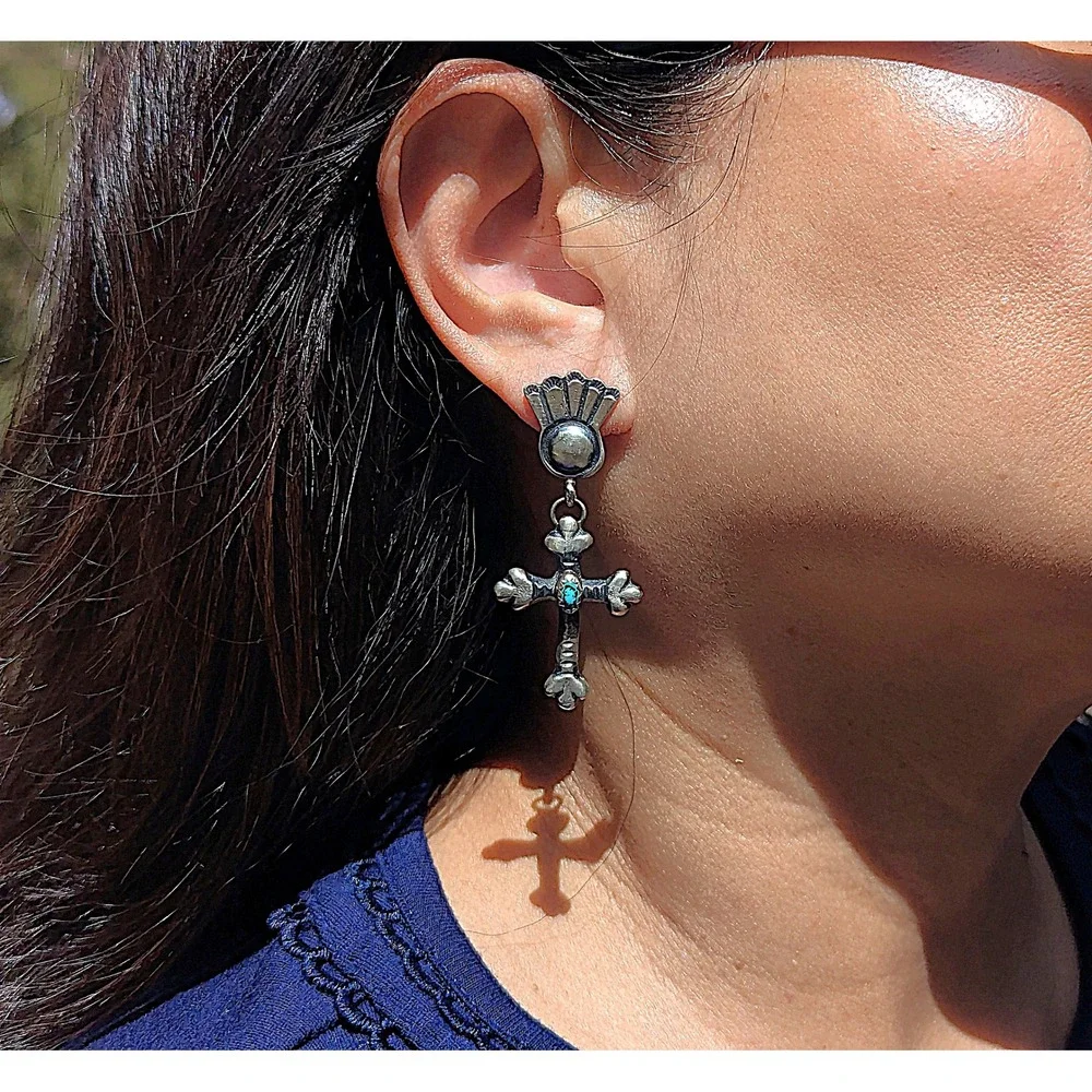 Native Am Earrings Navajo‎ Iodize Sterling Silver Cross Turquoise Jewelry**